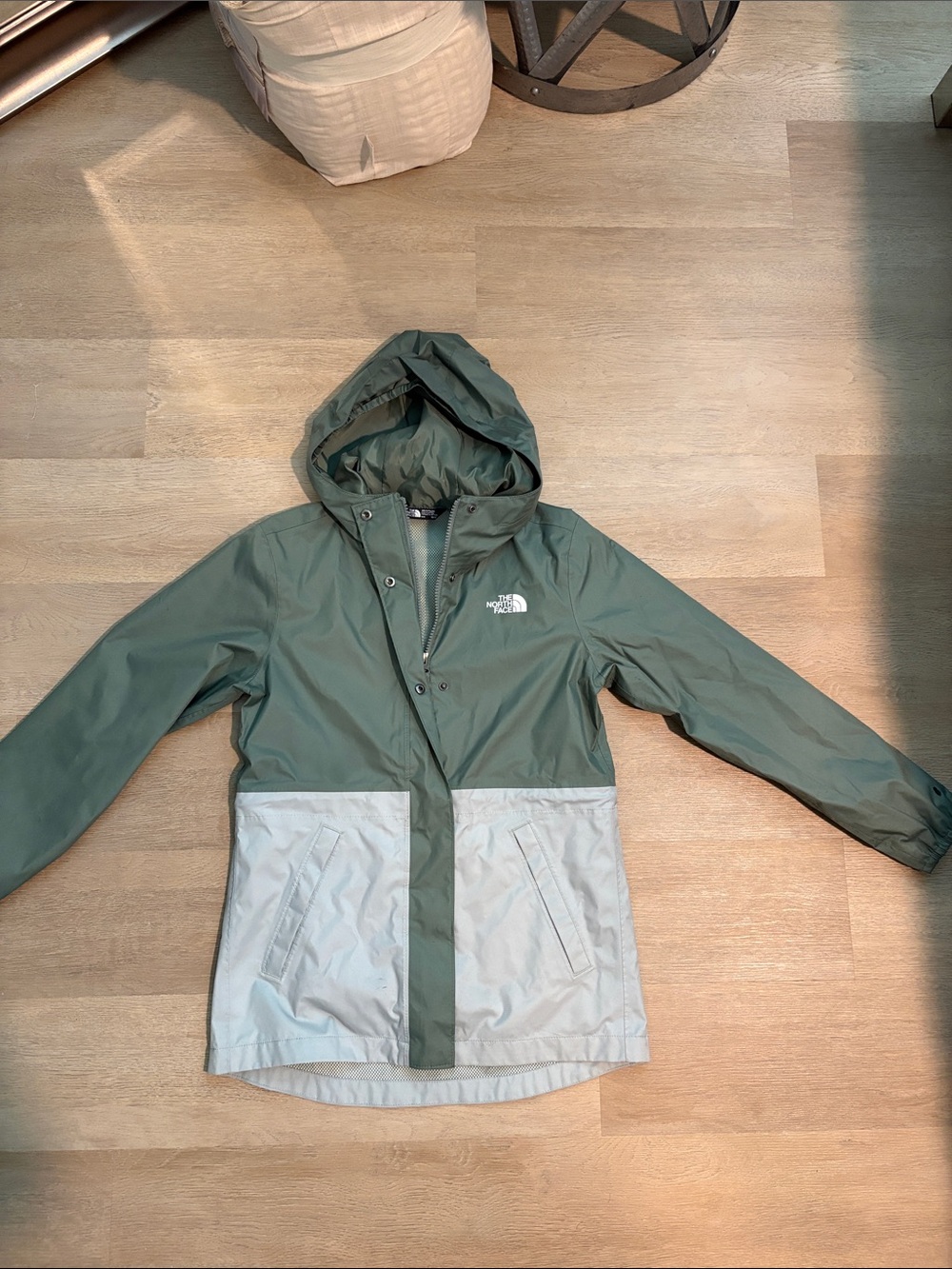 The North Face Olive and Light Gray Hooded Colorblock Jacket